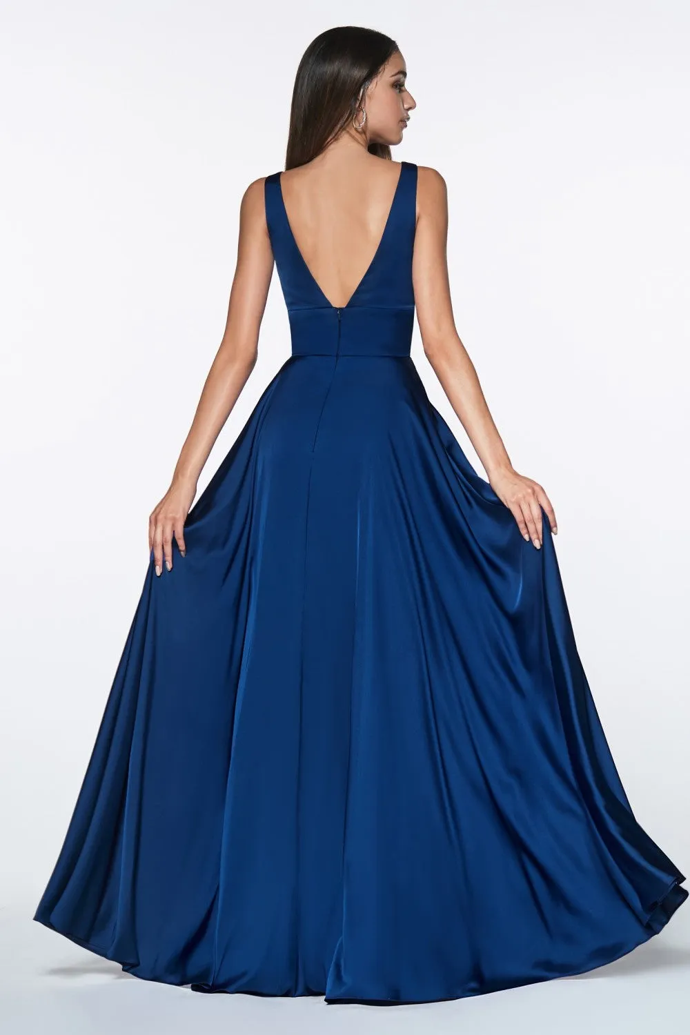 CD 7469 - A-Line Satin Prom Gown with Pleated V-Neck Bodice Spaghetti Straps & Leg Slit Sizes 16-24