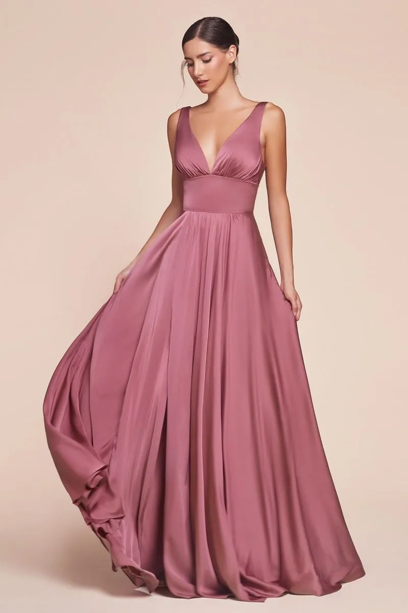 CD 7469 - A-Line Satin Prom Gown with Pleated V-Neck Bodice Spaghetti Straps & Leg Slit Sizes 16-24