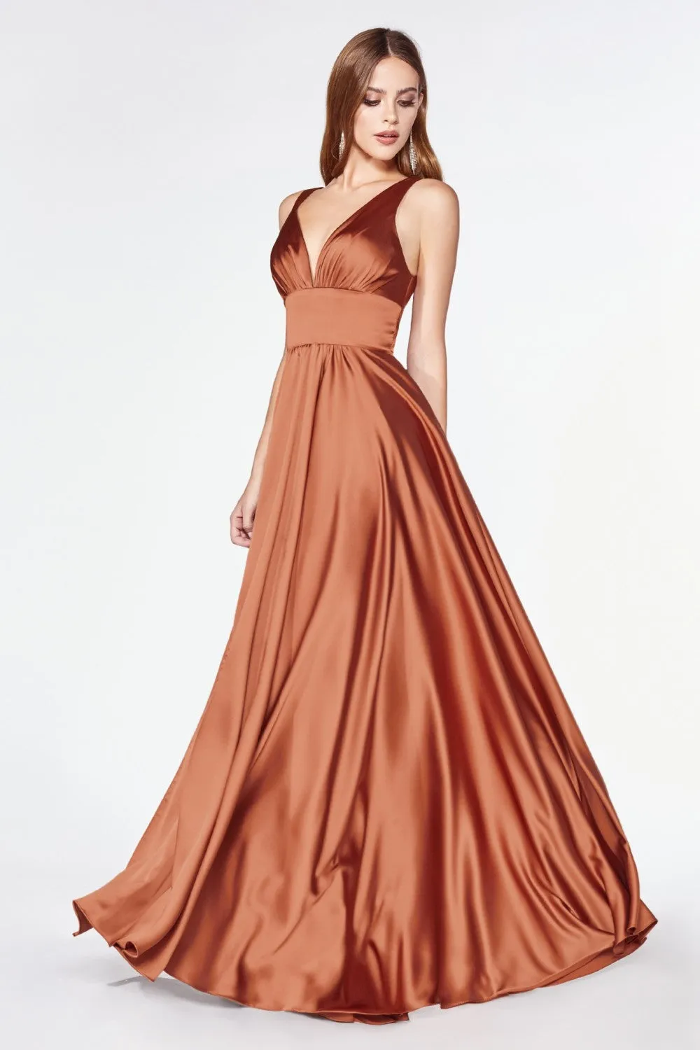 CD 7469 - A-Line Satin Prom Gown with Pleated V-Neck Bodice Spaghetti Straps & Leg Slit Sizes 16-24