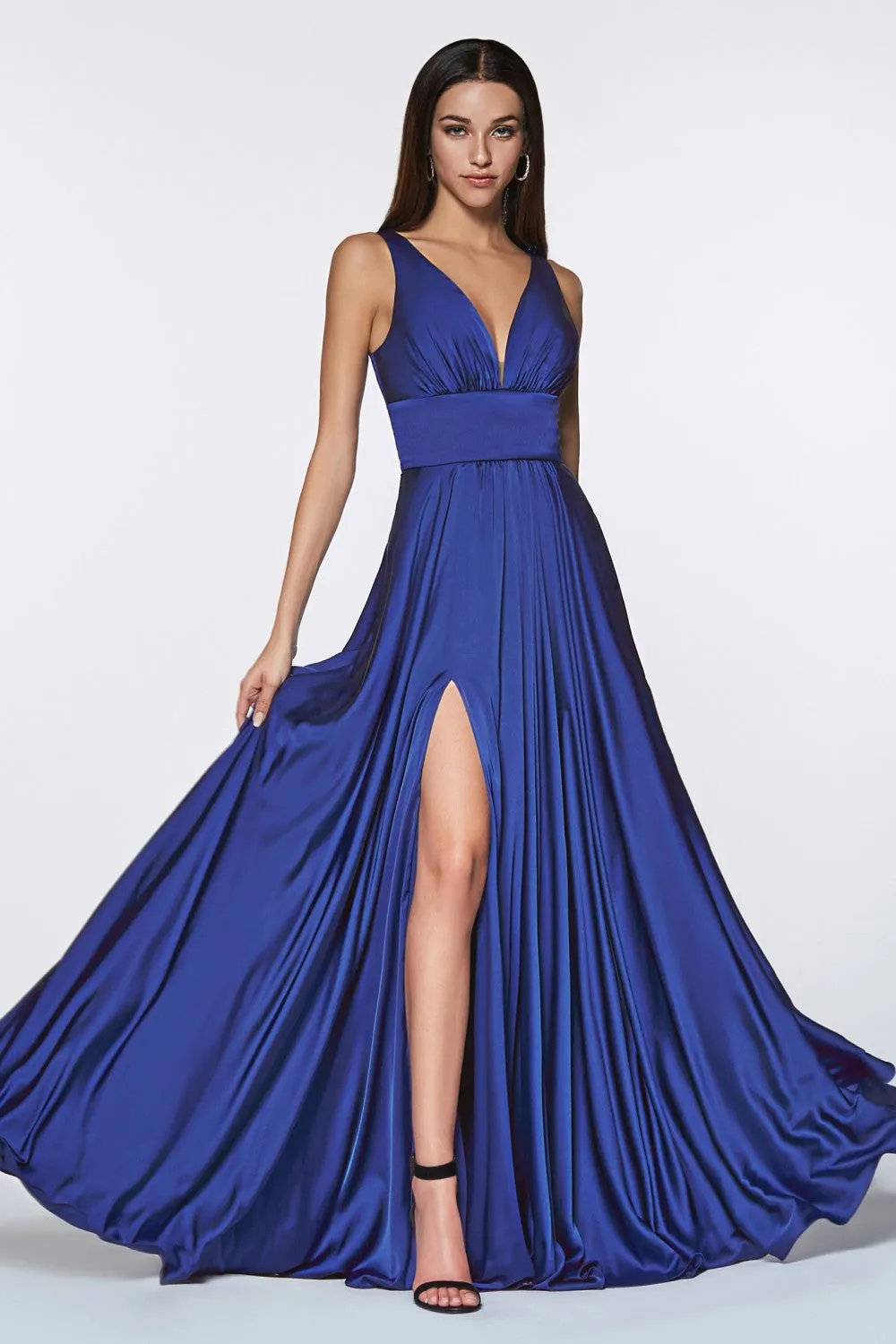 CD 7469 - A-Line Satin Prom Gown with Pleated V-Neck Bodice Spaghetti Straps & Leg Slit Sizes 16-24