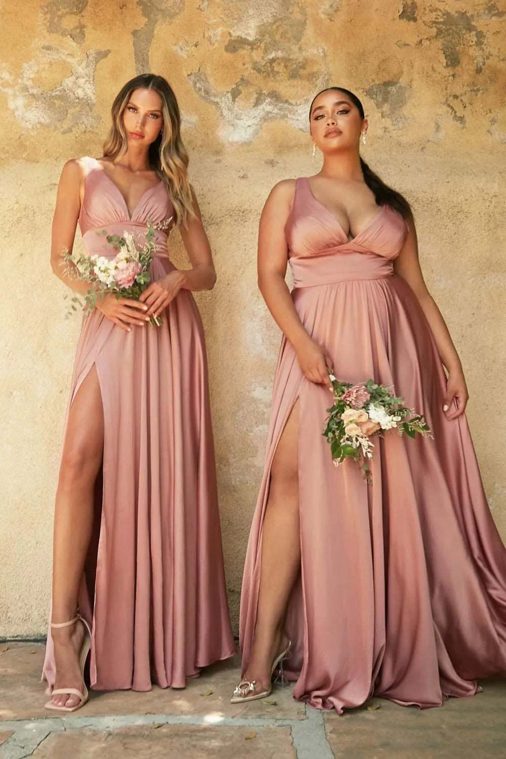 CD 7469 - A-Line Satin Prom Gown with Pleated V-Neck Bodice Spaghetti Straps & Leg Slit Sizes 16-24