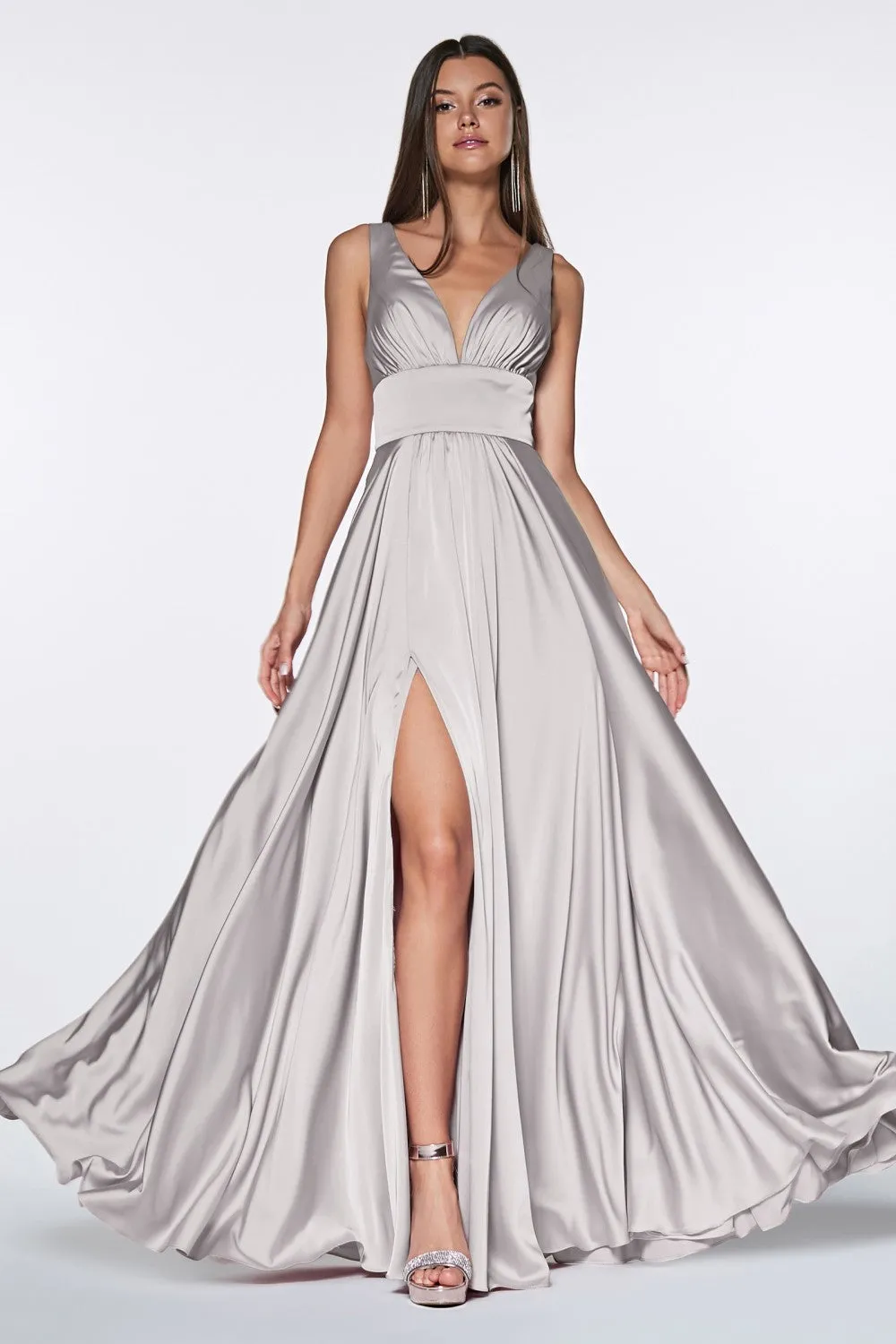 CD 7469 - A-Line Satin Prom Gown with Pleated V-Neck Bodice Spaghetti Straps & Leg Slit Sizes 16-24