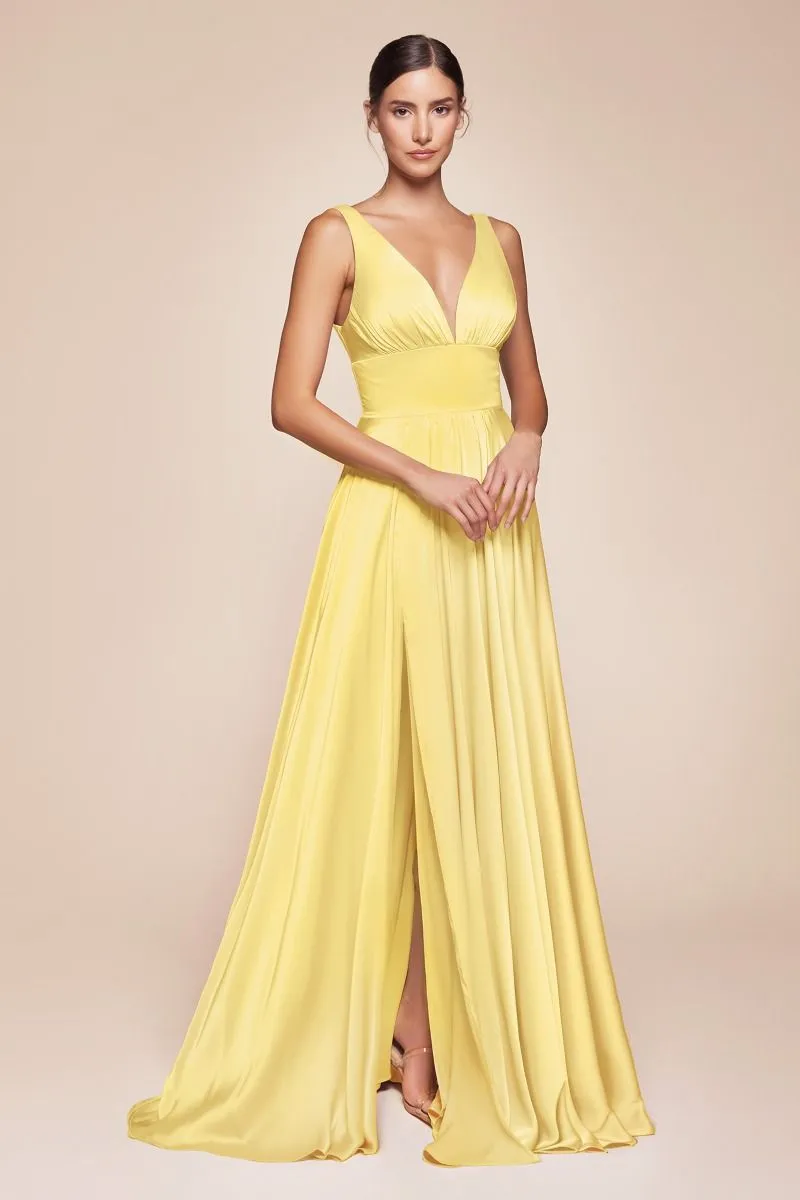CD 7469 - A-Line Satin Prom Gown with Pleated V-Neck Bodice Spaghetti Straps & Leg Slit Sizes 16-24