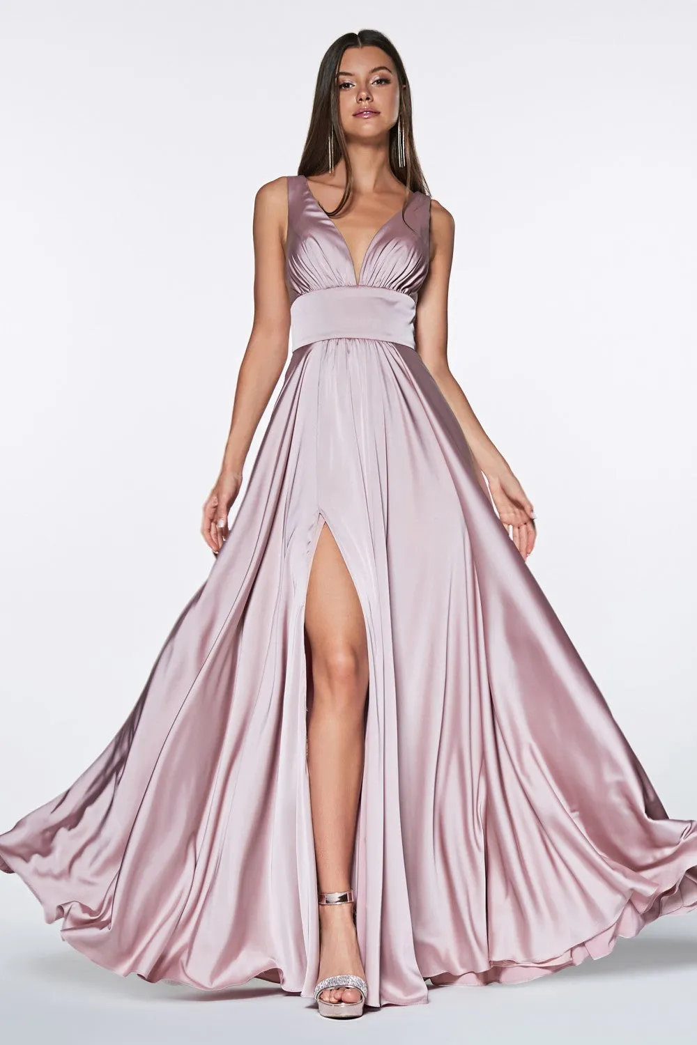 CD 7469 - A-Line Satin Prom Gown with Pleated V-Neck Bodice Spaghetti Straps & Leg Slit Sizes 16-24
