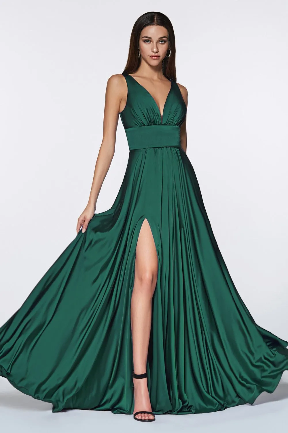 CD 7469 - A-Line Satin Prom Gown with Pleated V-Neck Bodice Spaghetti Straps & Leg Slit Sizes 16-24