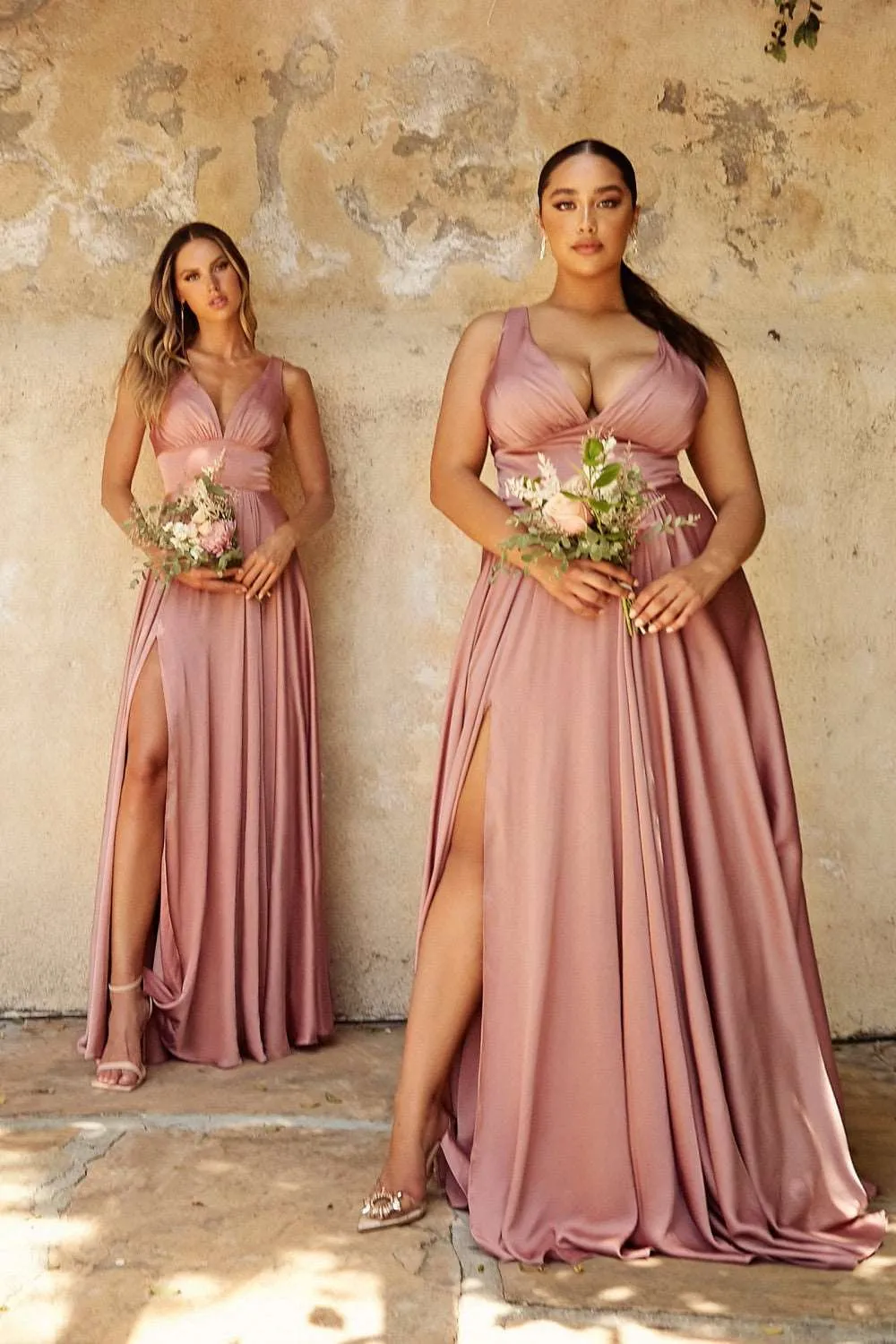 CD 7469 - A-Line Satin Prom Gown with Pleated V-Neck Bodice Spaghetti Straps & Leg Slit Sizes 16-24