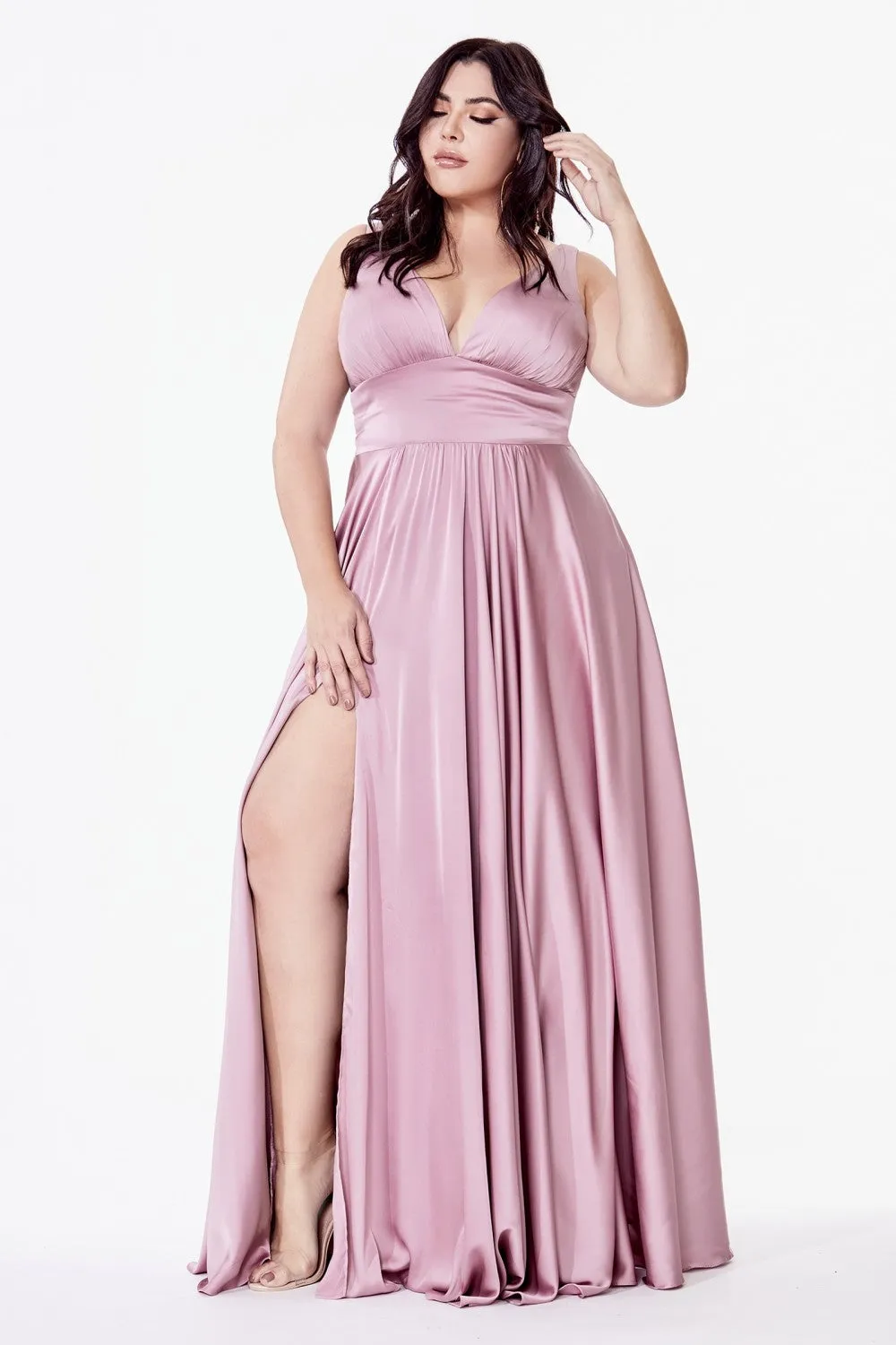 CD 7469 - A-Line Satin Prom Gown with Pleated V-Neck Bodice Spaghetti Straps & Leg Slit Sizes 16-24