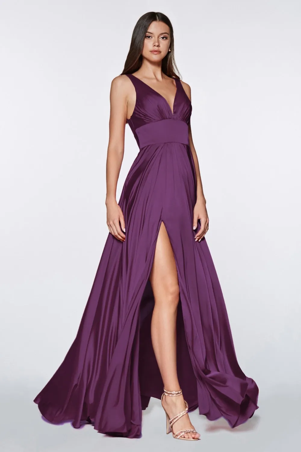CD 7469 - A-Line Satin Prom Gown with Pleated V-Neck Bodice Spaghetti Straps & Leg Slit Sizes 16-24