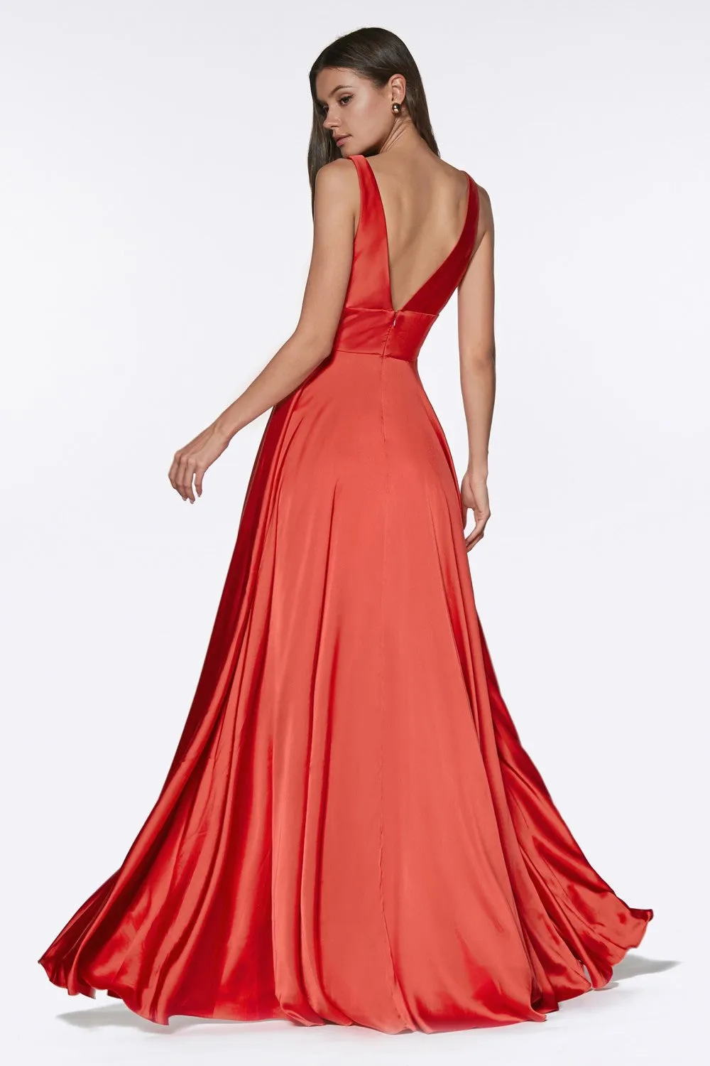 CD 7469 - A-Line Satin Prom Gown with Pleated V-Neck Bodice Spaghetti Straps & Leg Slit Sizes 16-24
