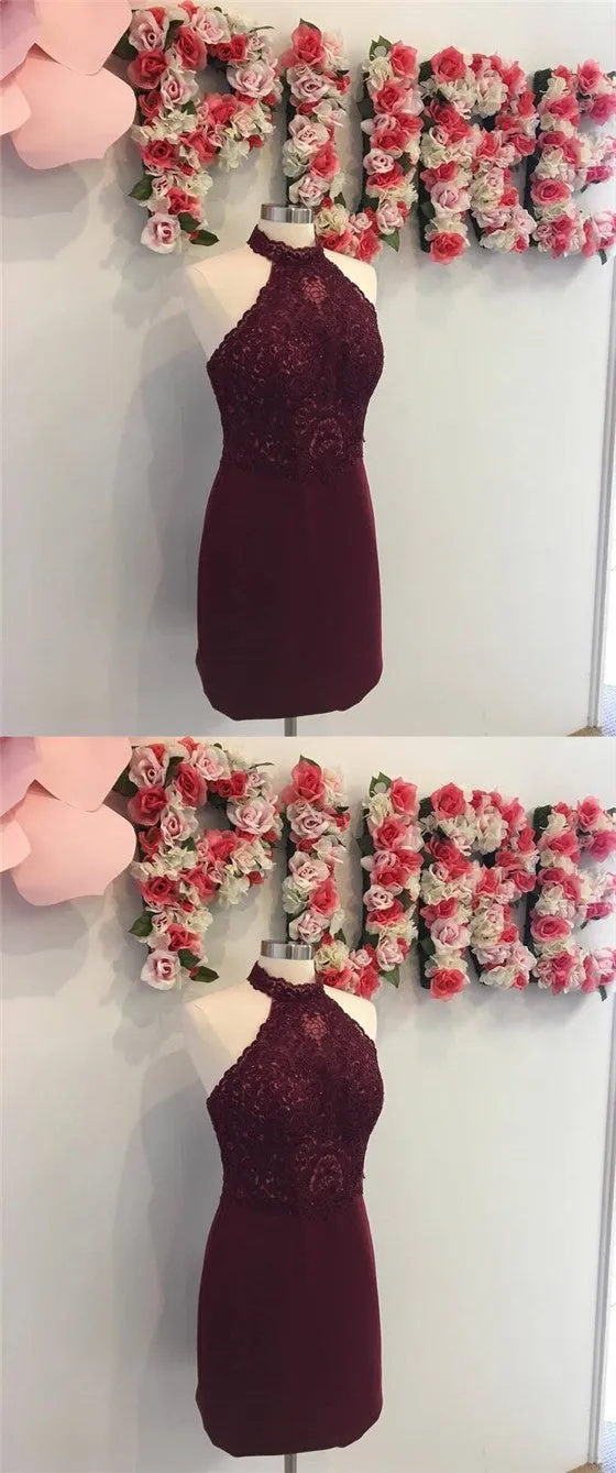 Cheap Halter Maroon Lace Short Homecoming Dresses Online, TYP1107
