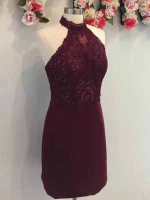 Cheap Halter Maroon Lace Short Homecoming Dresses Online, TYP1107