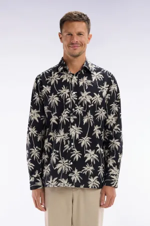 Chemise en coton noir à imprimé palmiers coupe droite