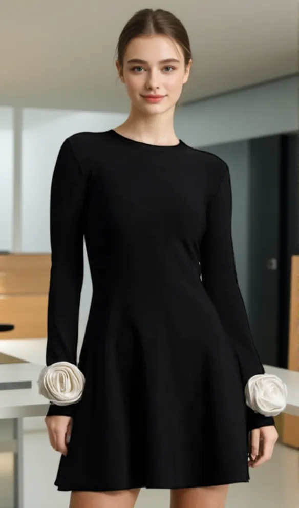 CHERYL 3D FLOWER ROUND NECK LONG SLEEVE BLACK MINI DRESS