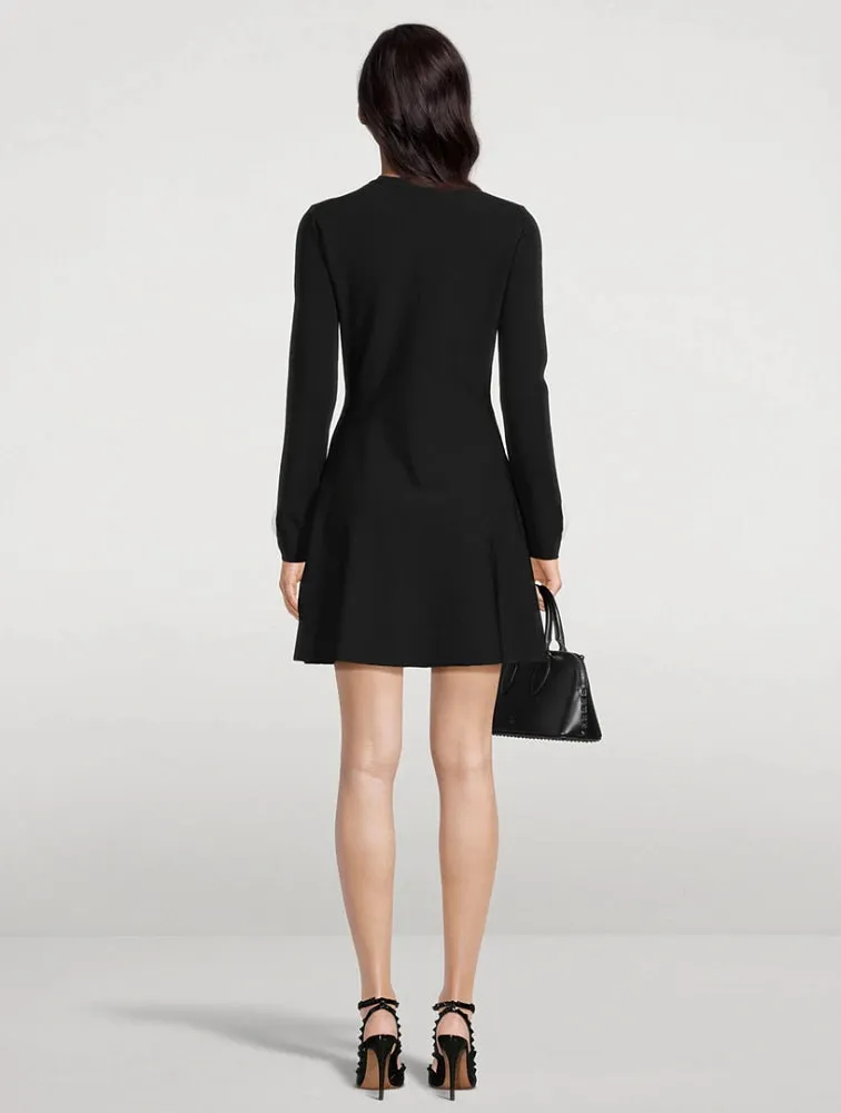 CHERYL 3D FLOWER ROUND NECK LONG SLEEVE BLACK MINI DRESS