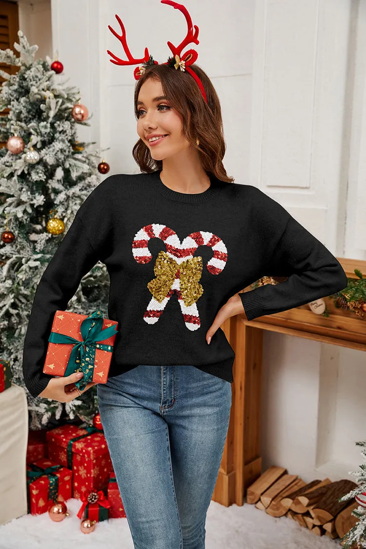 Chic Christmas Cane Bow Sequin Sweater for Festive Elegance