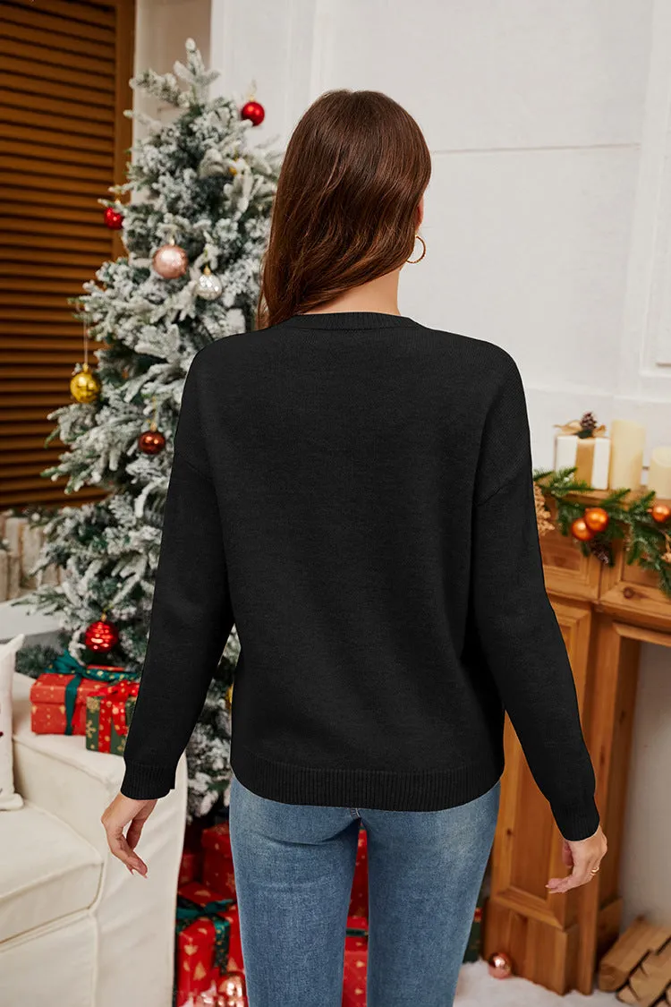 Chic Christmas Cane Bow Sequin Sweater for Festive Elegance
