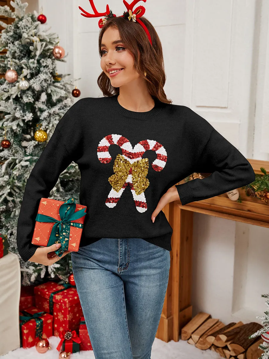 Chic Christmas Cane Bow Sequin Sweater for Festive Elegance