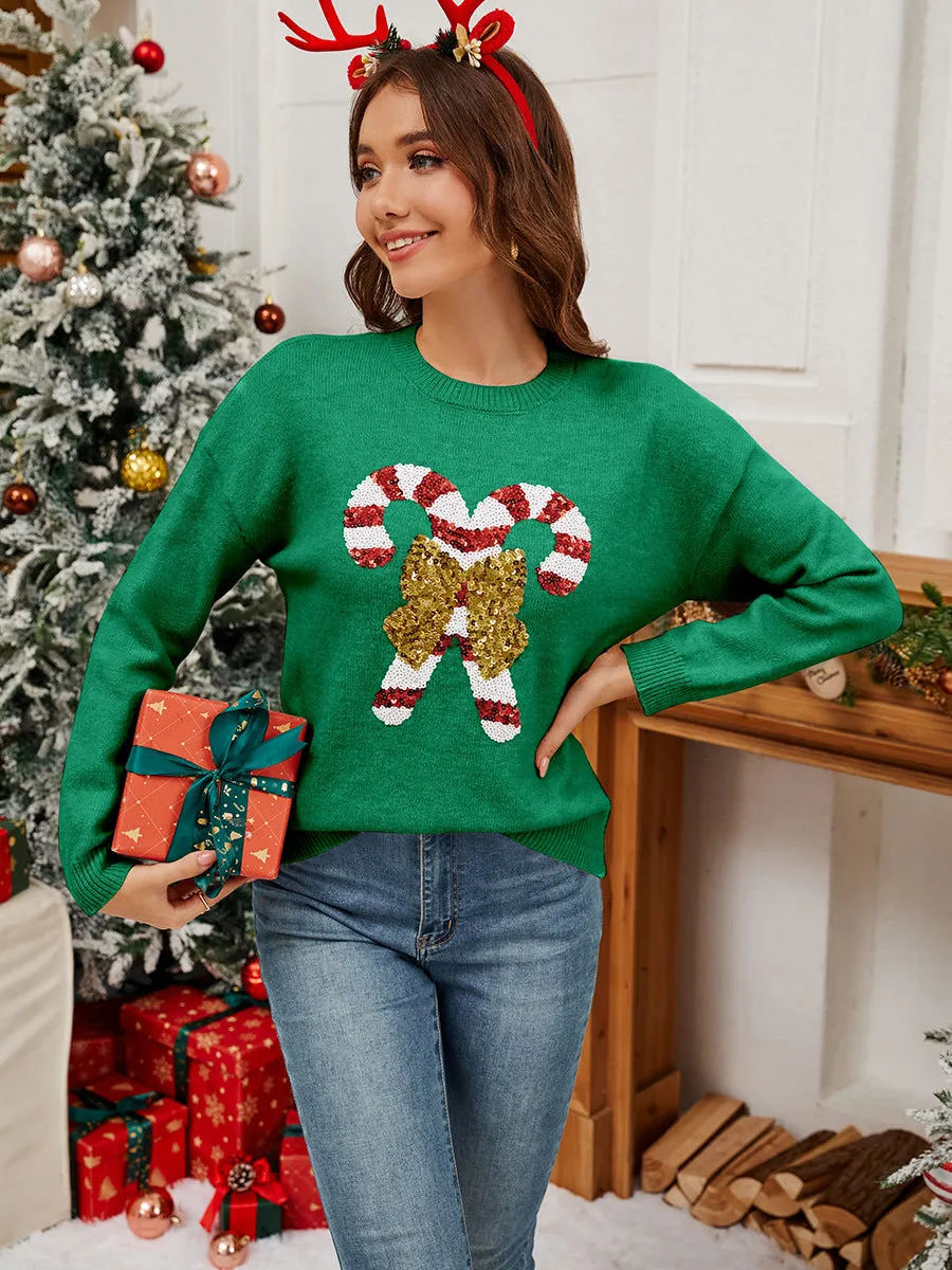 Chic Christmas Cane Bow Sequin Sweater for Festive Elegance