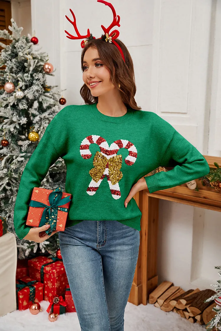 Chic Christmas Cane Bow Sequin Sweater for Festive Elegance