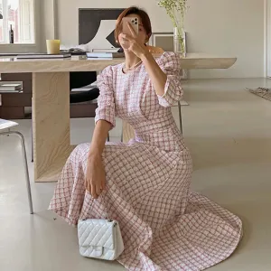 Chic French Style Spring Summer Tweed Dress For Women Boutique Fashion Pink Plaid Long Dress