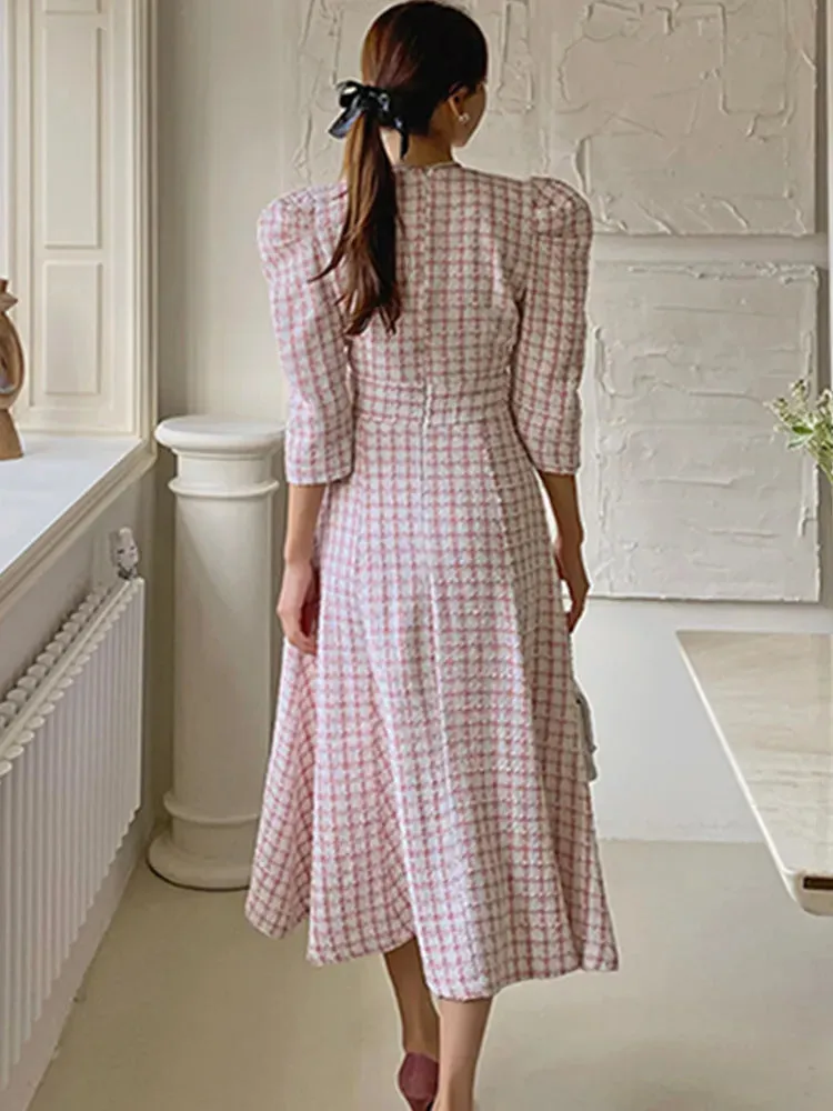 Chic French Style Spring Summer Tweed Dress For Women Boutique Fashion Pink Plaid Long Dress