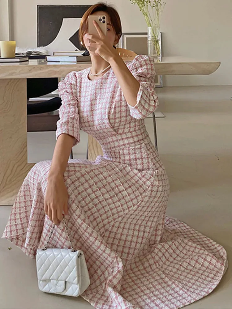 Chic French Style Spring Summer Tweed Dress For Women Boutique Fashion Pink Plaid Long Dress
