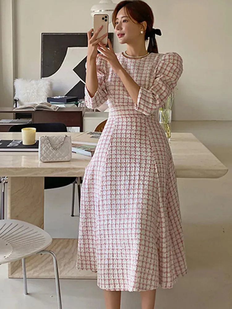 Chic French Style Spring Summer Tweed Dress For Women Boutique Fashion Pink Plaid Long Dress