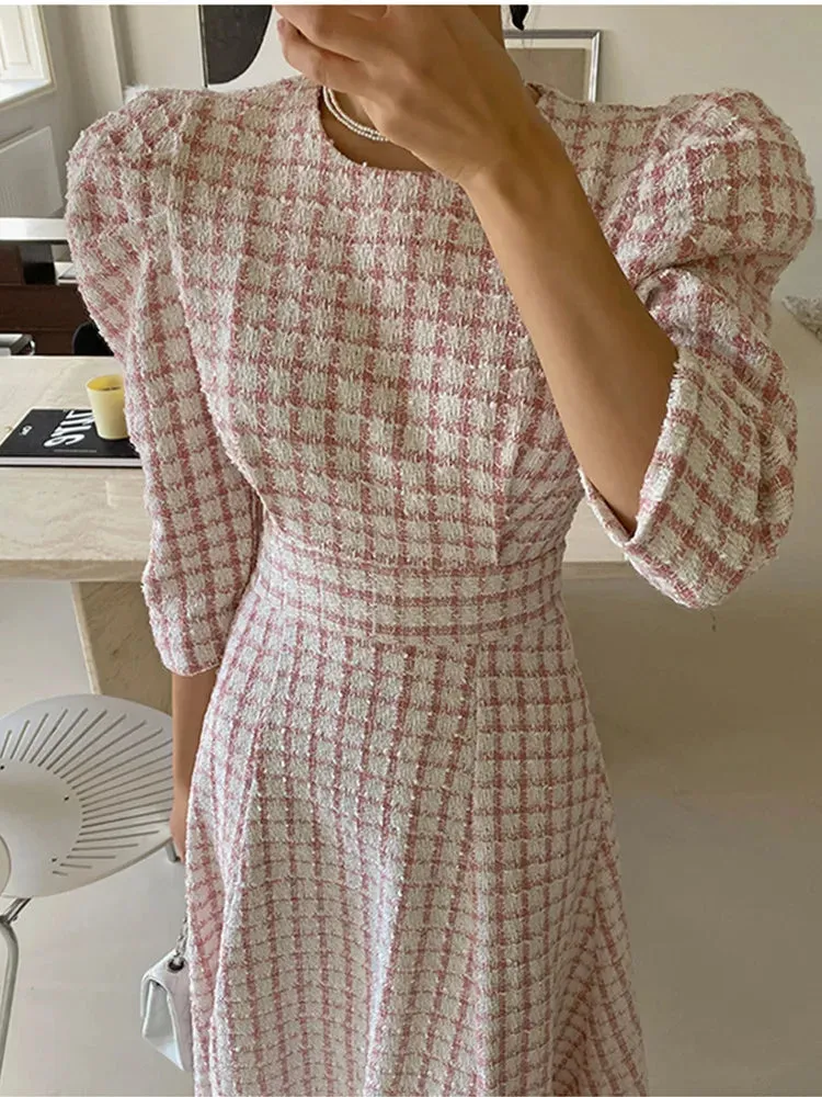 Chic French Style Spring Summer Tweed Dress For Women Boutique Fashion Pink Plaid Long Dress