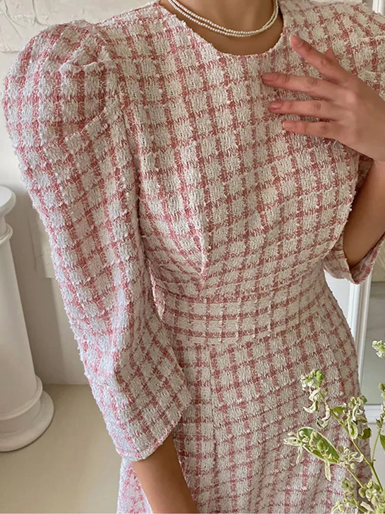 Chic French Style Spring Summer Tweed Dress For Women Boutique Fashion Pink Plaid Long Dress