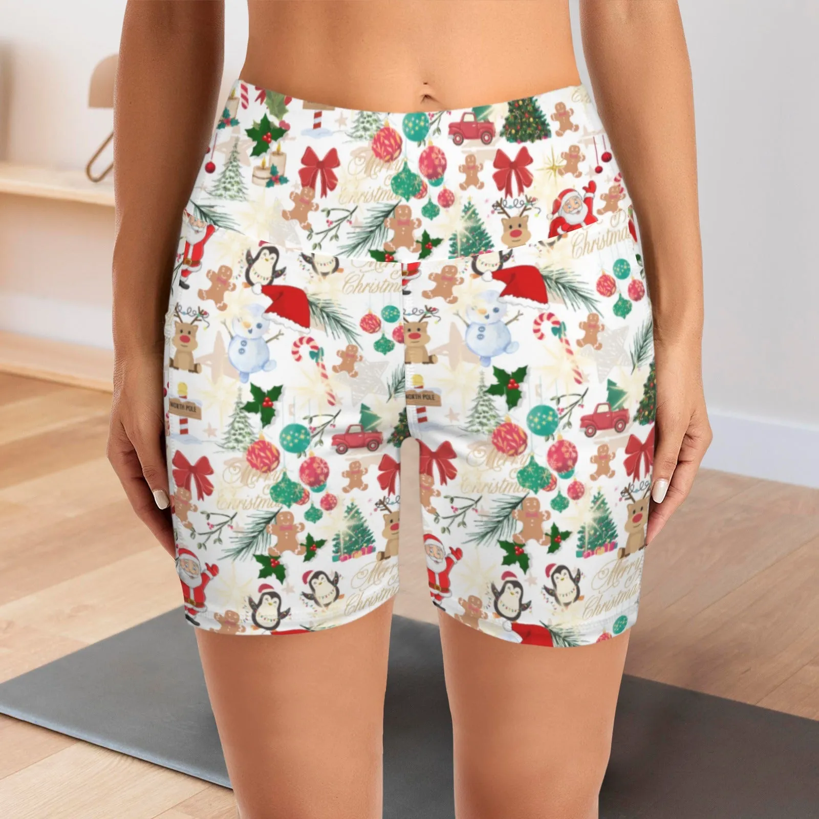 Christmas White Yoga Shorts with Pockets up to 5 XL (FWS)