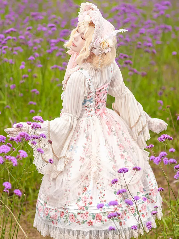 Classical Lolita Dress Cotton Sleeveless Floral Print Lolita Dresses Light Apricot
