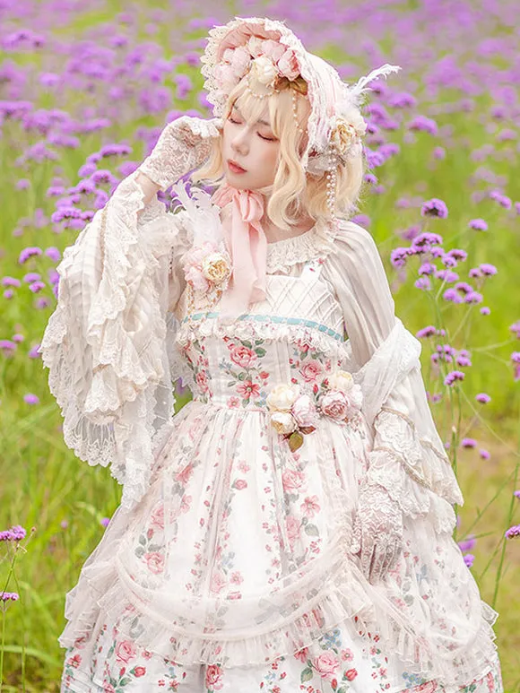 Classical Lolita Dress Cotton Sleeveless Floral Print Lolita Dresses Light Apricot