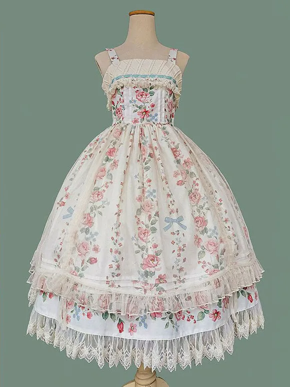 Classical Lolita Dress Cotton Sleeveless Floral Print Lolita Dresses Light Apricot