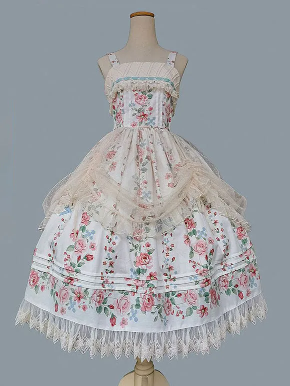 Classical Lolita Dress Cotton Sleeveless Floral Print Lolita Dresses Light Apricot