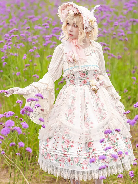 Classical Lolita Dress Cotton Sleeveless Floral Print Lolita Dresses Light Apricot