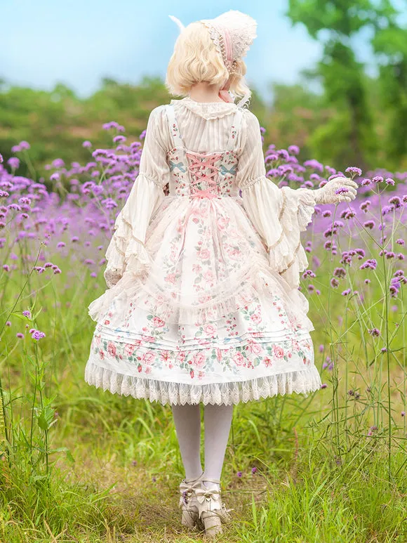 Classical Lolita Dress Cotton Sleeveless Floral Print Lolita Dresses Light Apricot