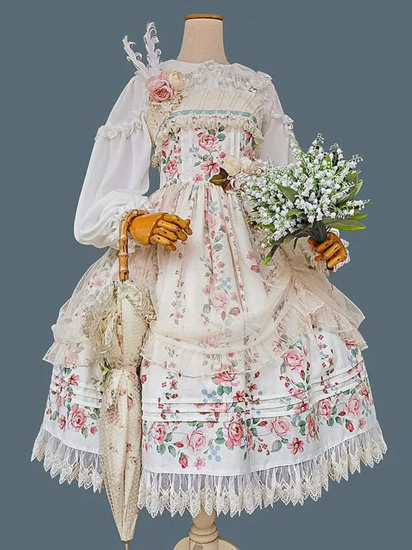 Classical Lolita Dress Cotton Sleeveless Floral Print Lolita Dresses Light Apricot