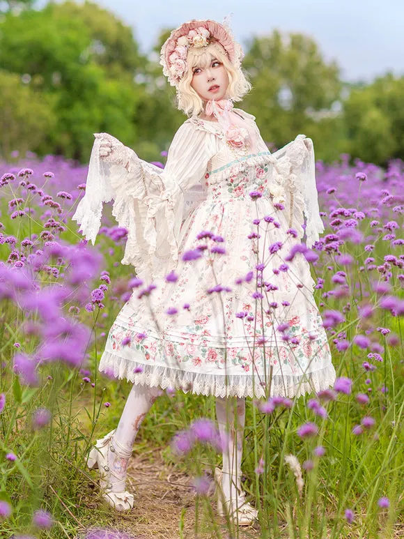 Classical Lolita Dress Cotton Sleeveless Floral Print Lolita Dresses Light Apricot
