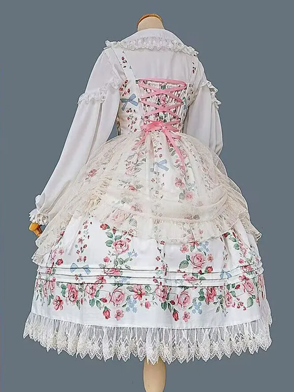 Classical Lolita Dress Cotton Sleeveless Floral Print Lolita Dresses Light Apricot