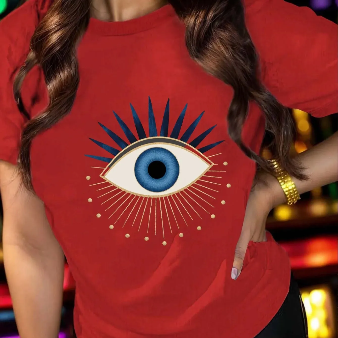 Comfortable Evil Eye Print Women’s T-Shirt Soft Cotton Casual Tee for All Seasons
