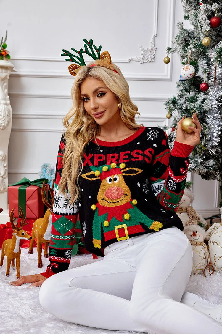 Cozy Elk Hair Ball Christmas Sweater with Sequin Embroidery for Festive Charm