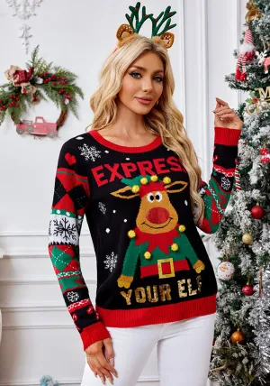 Cozy Elk Hair Ball Christmas Sweater with Sequin Embroidery for Festive Charm