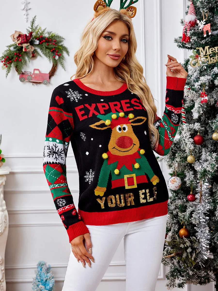 Cozy Elk Hair Ball Christmas Sweater with Sequin Embroidery for Festive Charm