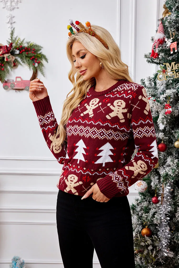 Cozy Jacquard Long-Sleeved Christmas Pullover for Festive Comfort