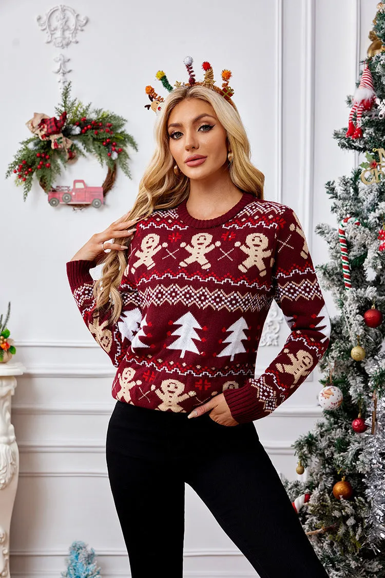 Cozy Jacquard Long-Sleeved Christmas Pullover for Festive Comfort