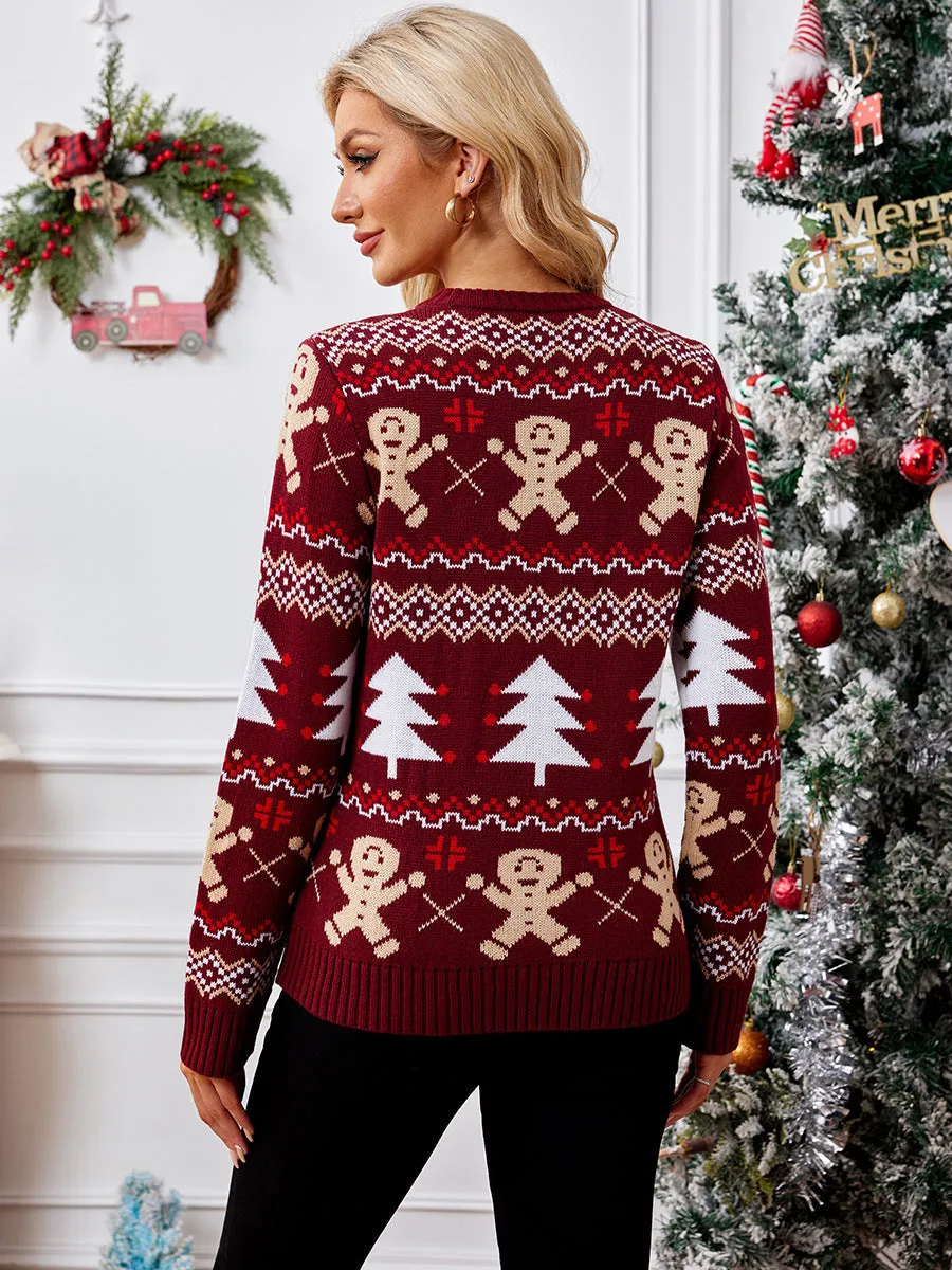 Cozy Jacquard Long-Sleeved Christmas Pullover for Festive Comfort