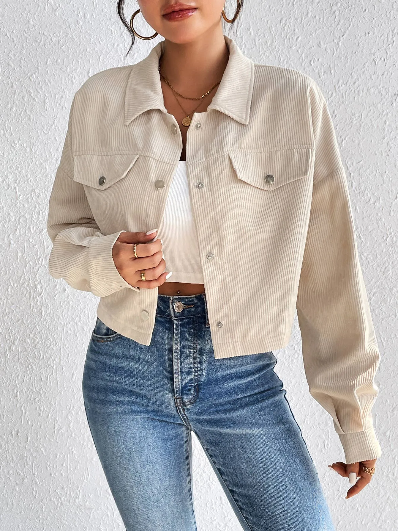 Cropped Corduroy Button-Down Shacket