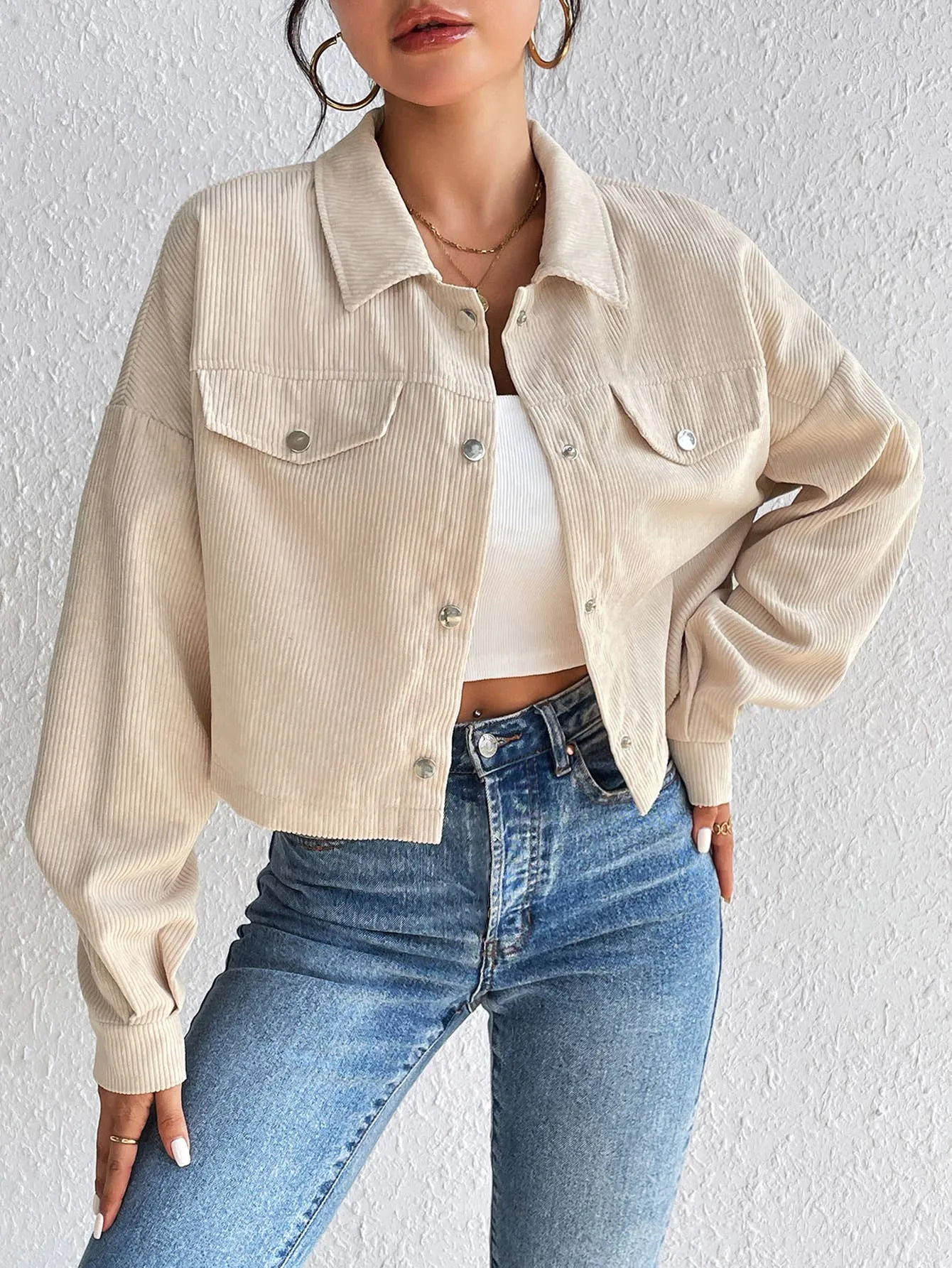 Cropped Corduroy Button-Down Shacket