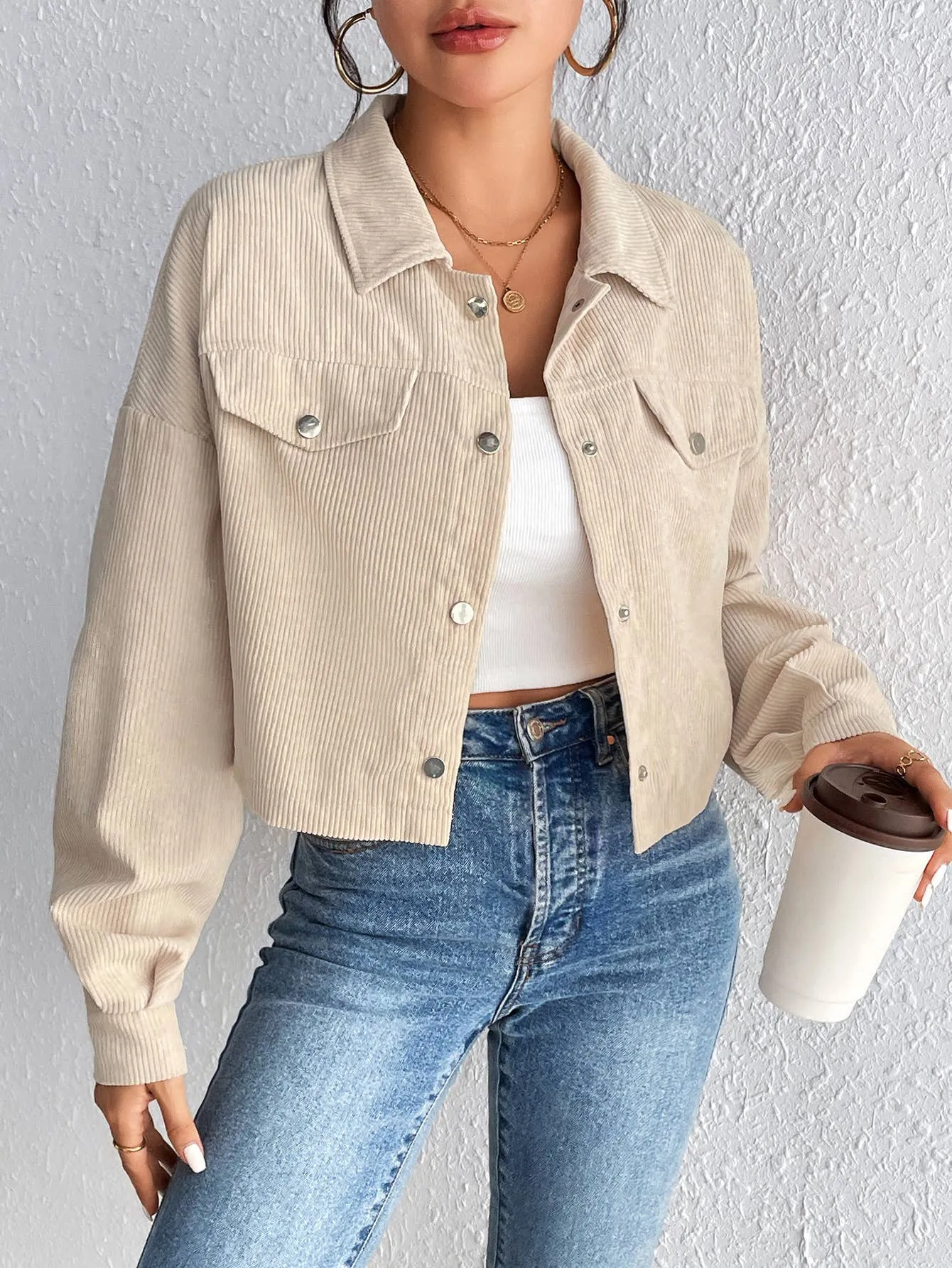 Cropped Corduroy Button-Down Shacket