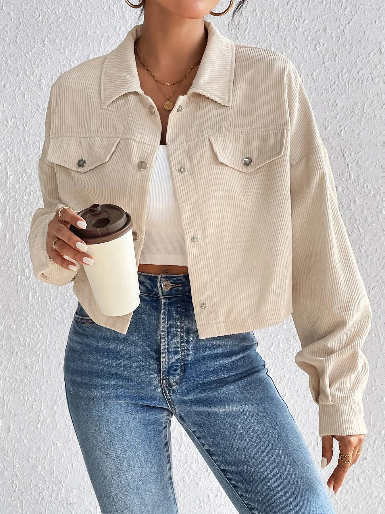 Cropped Corduroy Button-Down Shacket